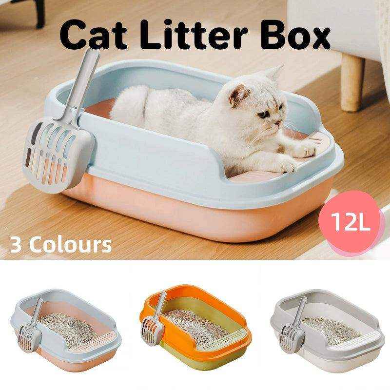 Open cat litter box with high sides and anti-tracking step for a cleaner home.