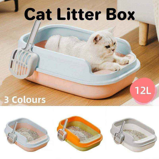 Open cat litter box with high sides and anti-tracking step for a cleaner home.
