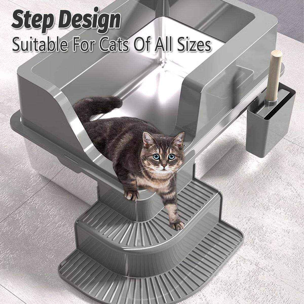 Raised Edge Cat Litter Box with Step Design for Easy Access