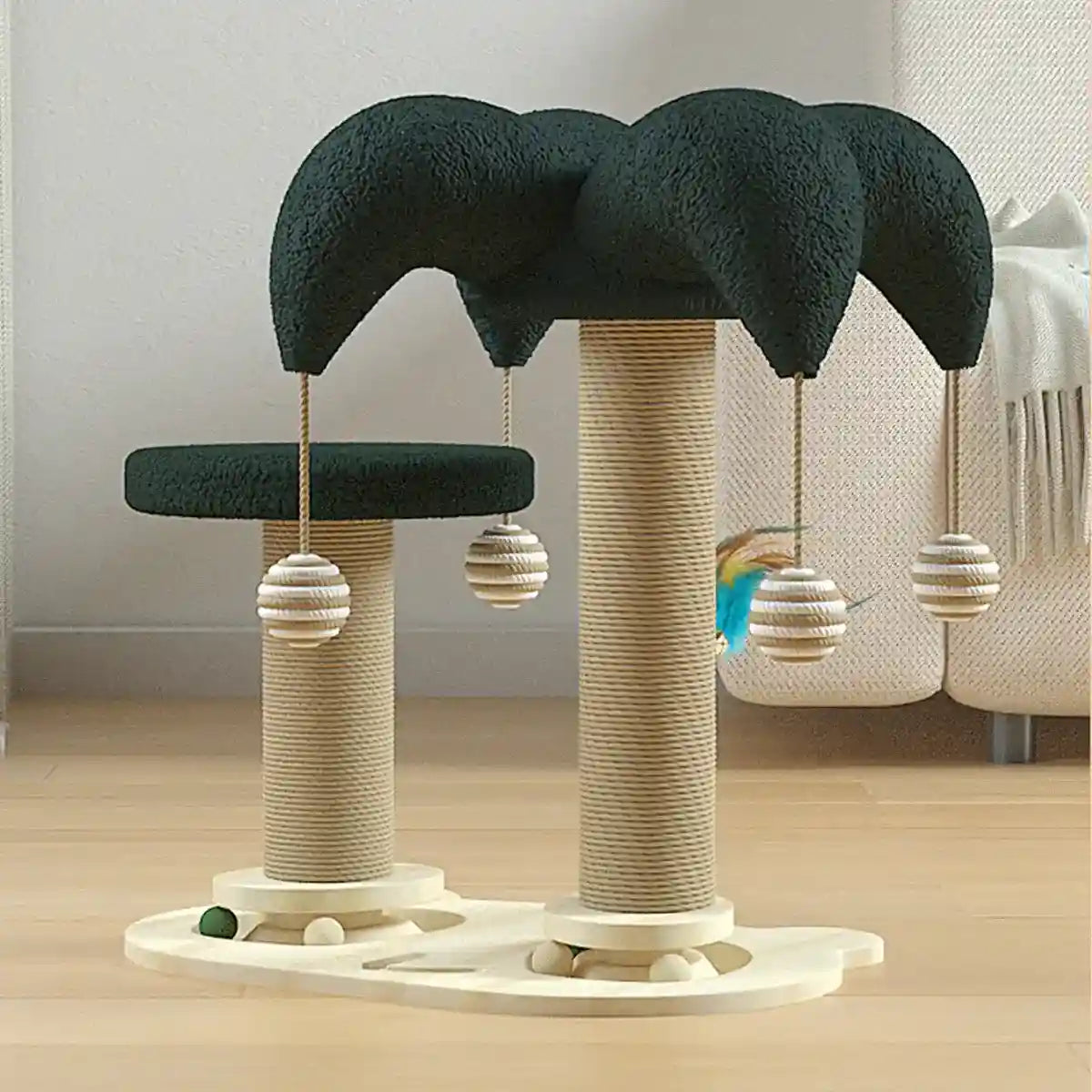 Cat Scratching Post with Teaser Stick & Turntable Sisal & Wood Base