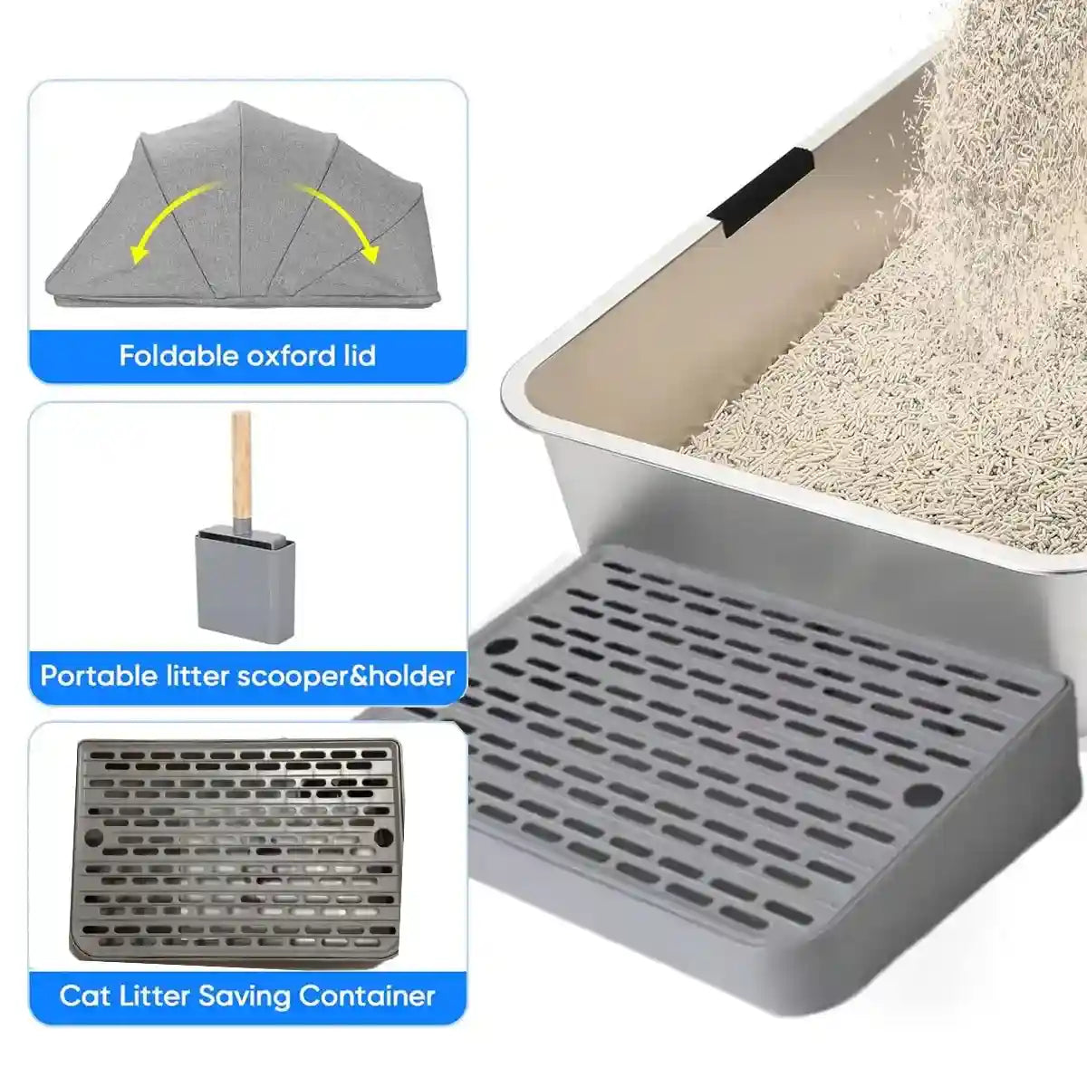 Stainless Steel Cat Litter Box with Covered Canopy & Anti-Tracking Mat