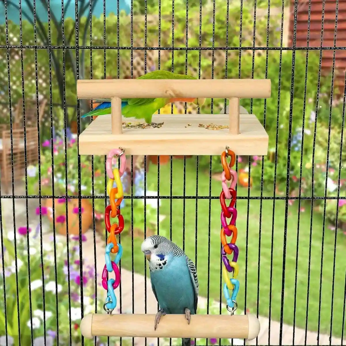 2-in-1 Wooden Bird Swing Platform for Parrots & Budgies