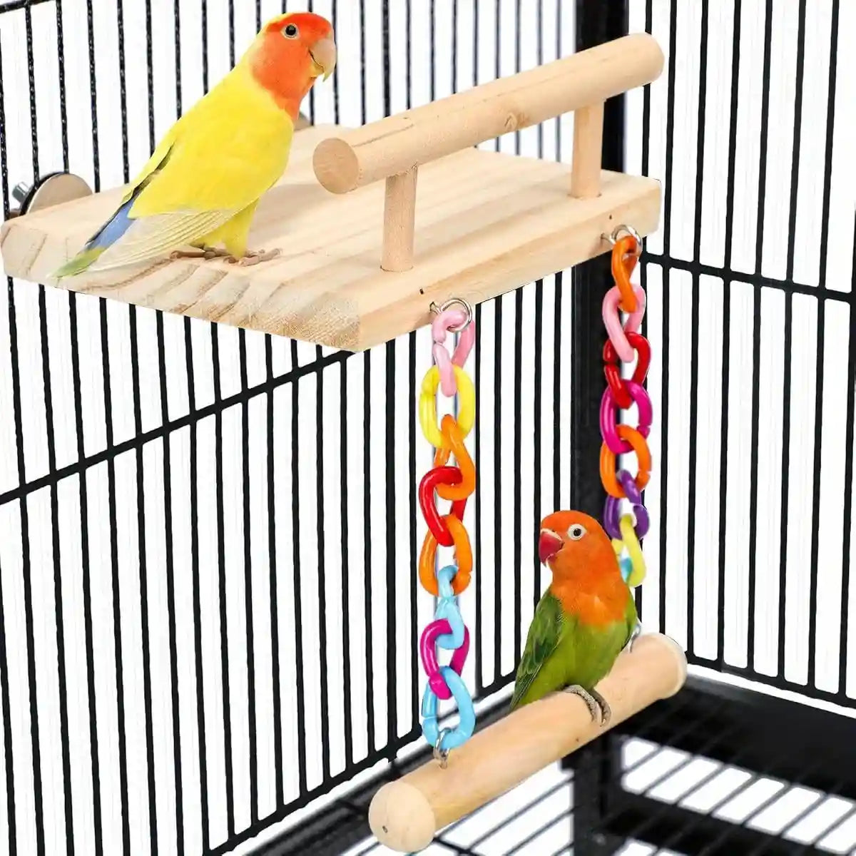 2-in-1 Wooden Bird Swing Platform for Parrots & Budgies