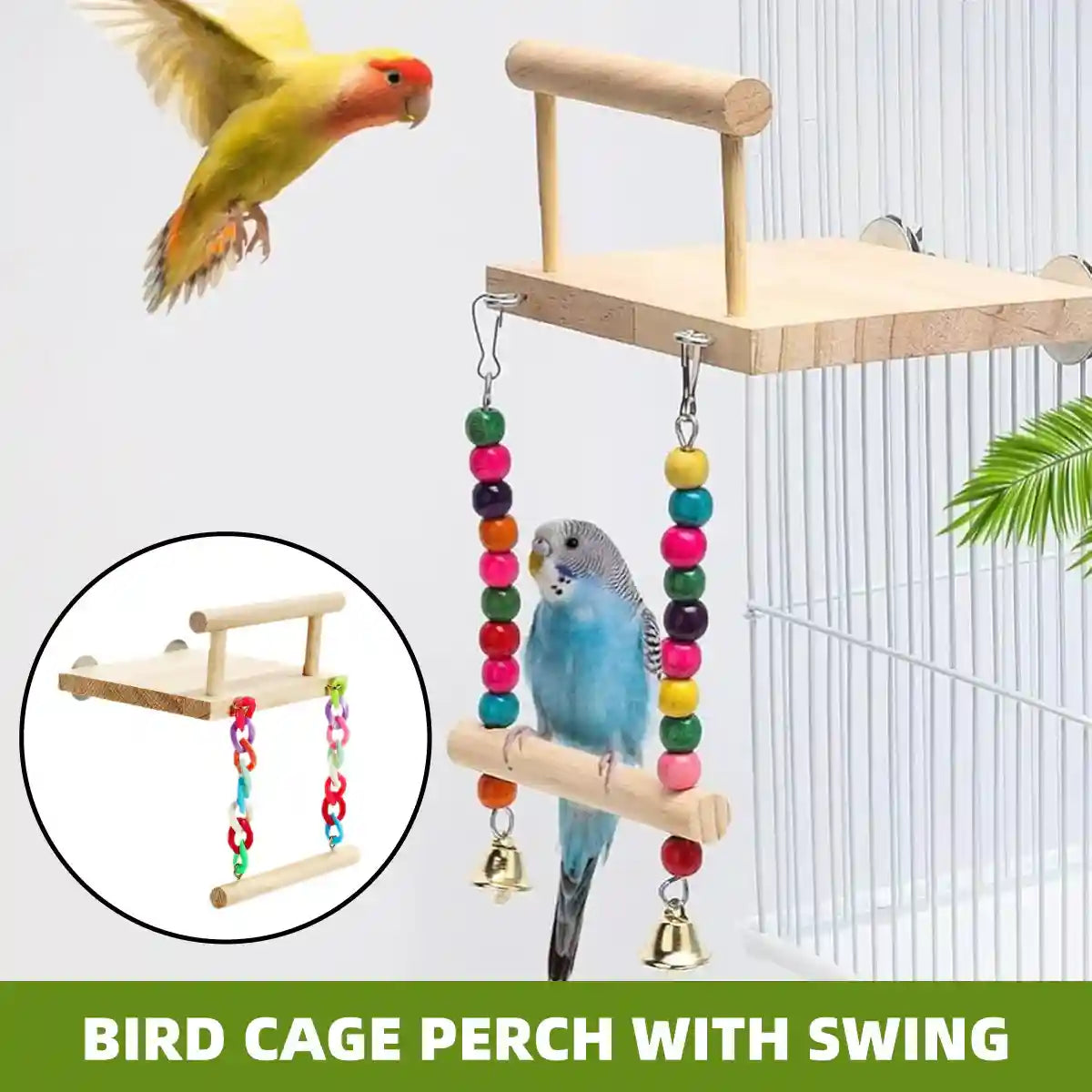 2-in-1 Wooden Bird Swing Platform for Parrots & Budgies