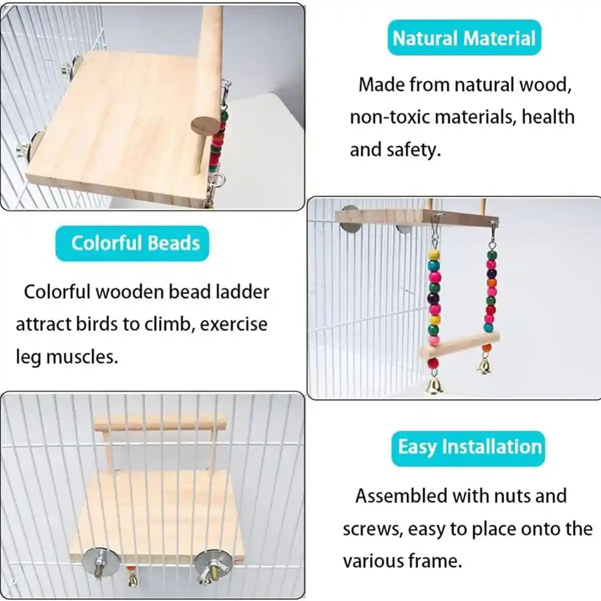 2-in-1 Wooden Bird Swing Platform for Parrots & Budgies