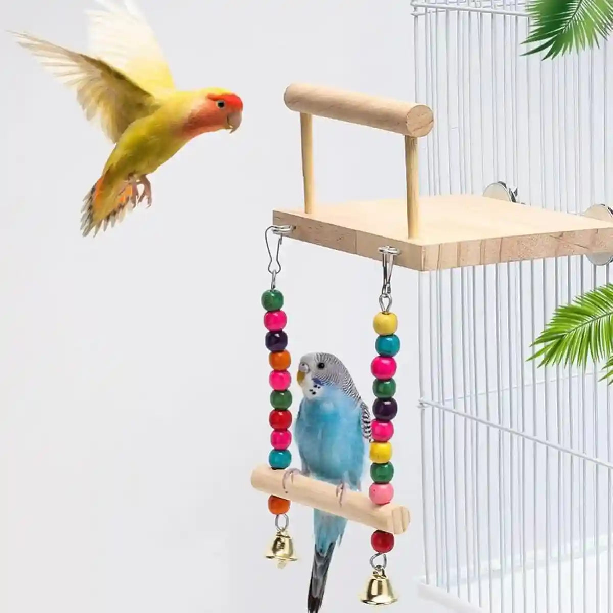 2-in-1 Wooden Bird Swing Platform for Parrots & Budgies
