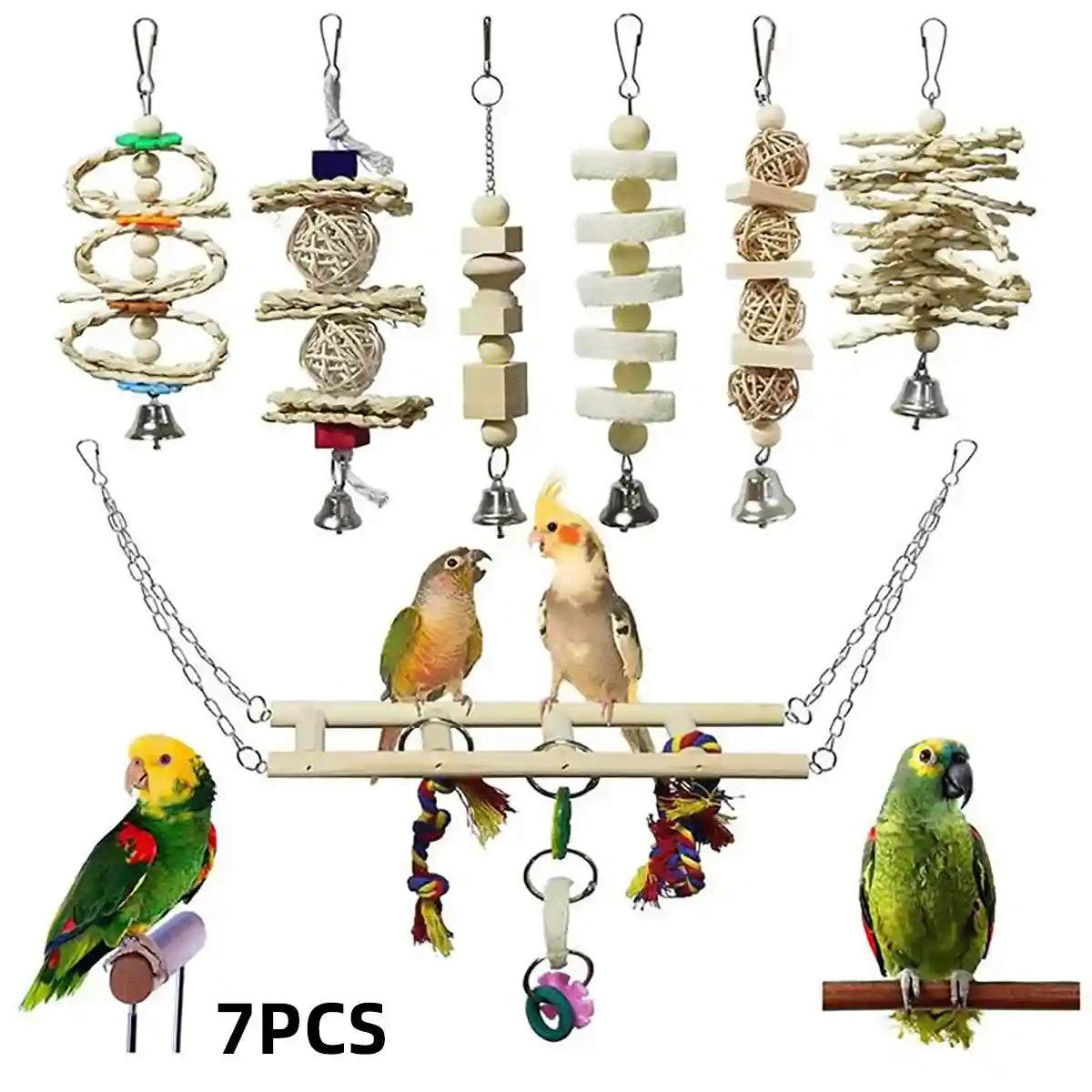 7PCS Bird Toys Set With Wooden Swing And Hanging Chew Toys