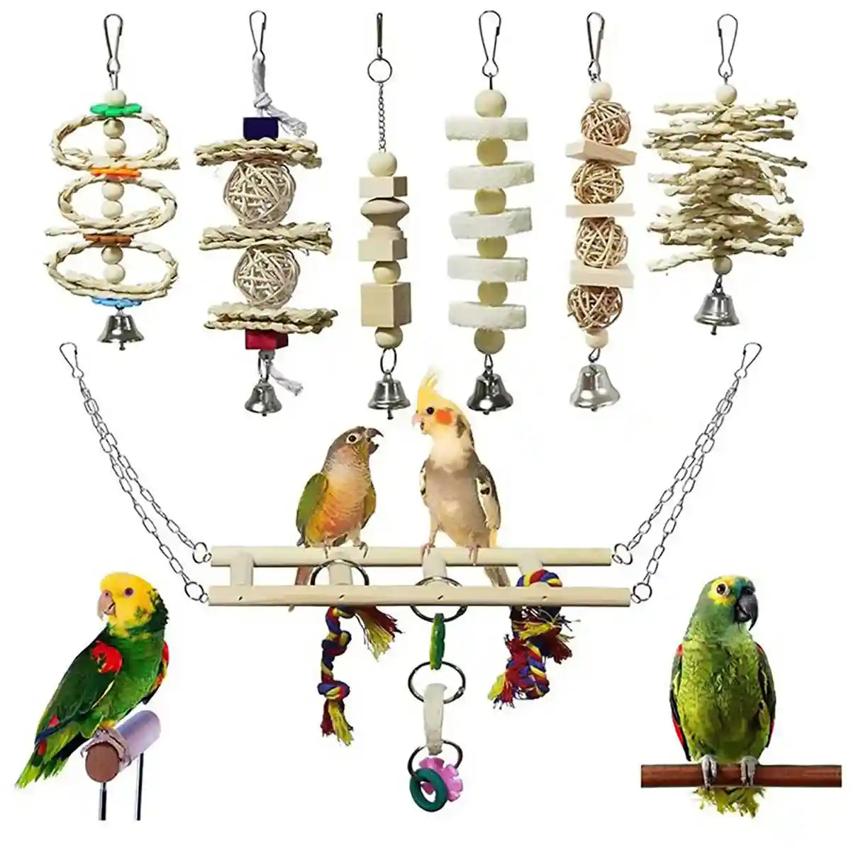 7PCS Bird Toys Set With Wooden Swing And Hanging Chew Toys