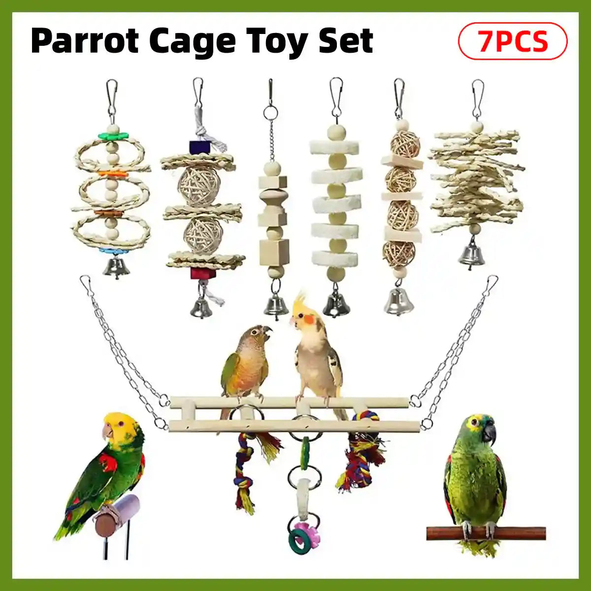 7PCS Bird Toys Set With Wooden Swing And Hanging Chew Toys