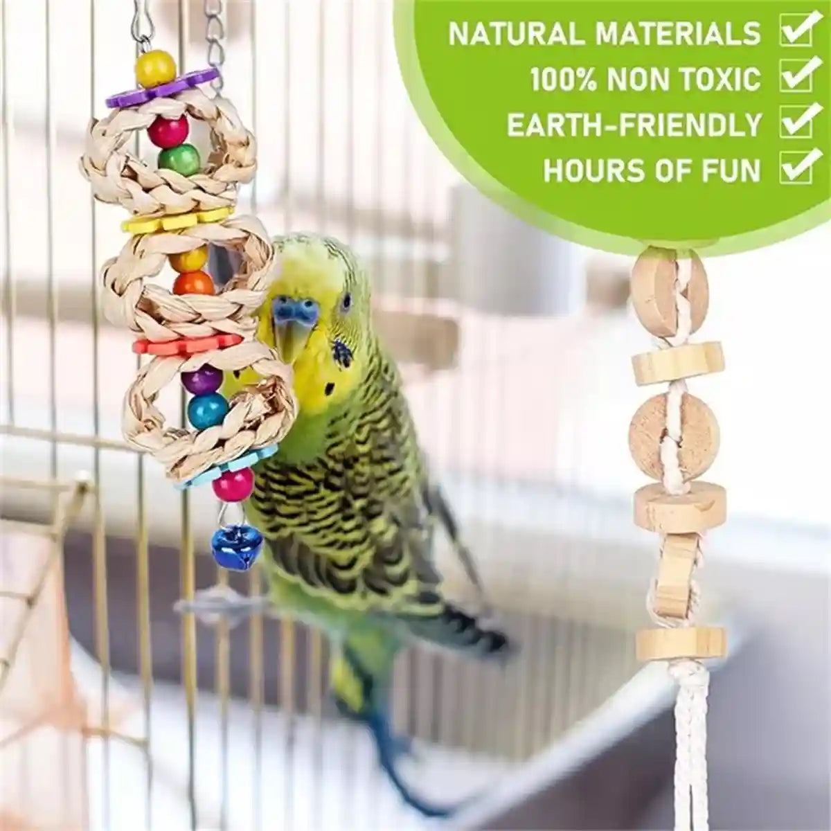 7PCS Bird Toys Set With Wooden Swing And Hanging Chew Toys