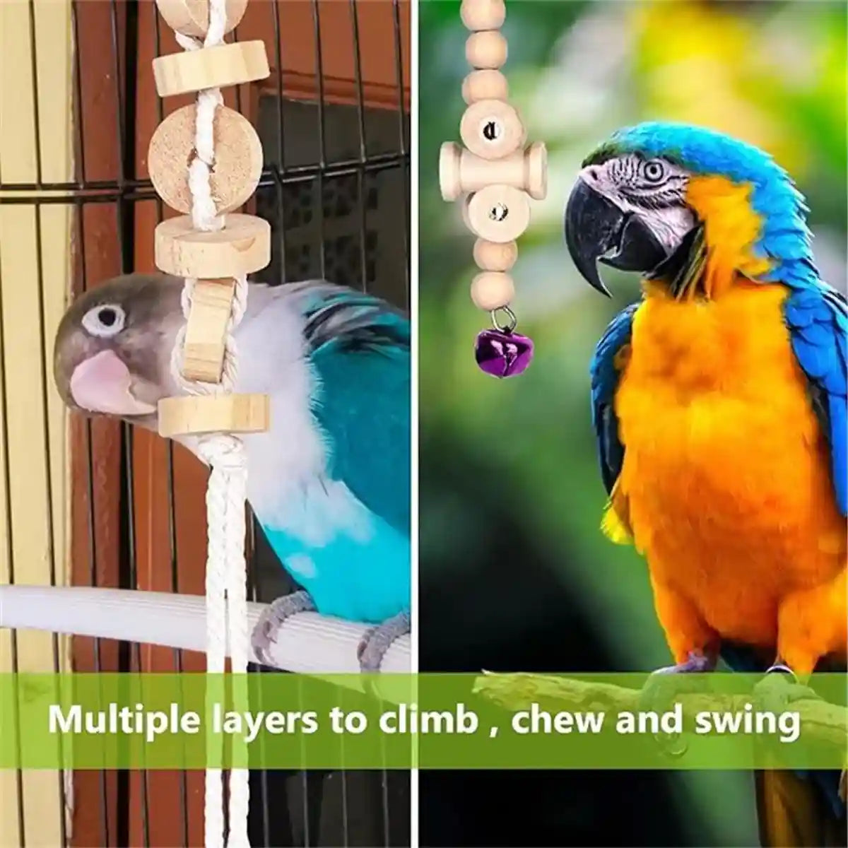 7PCS Bird Toys Set With Wooden Swing And Hanging Chew Toys