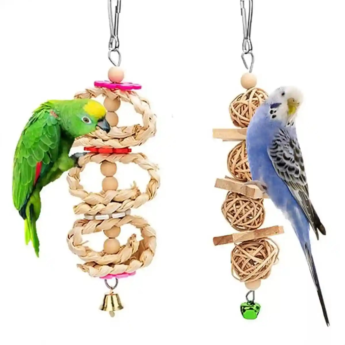7PCS Bird Toys Set With Wooden Swing And Hanging Chew Toys