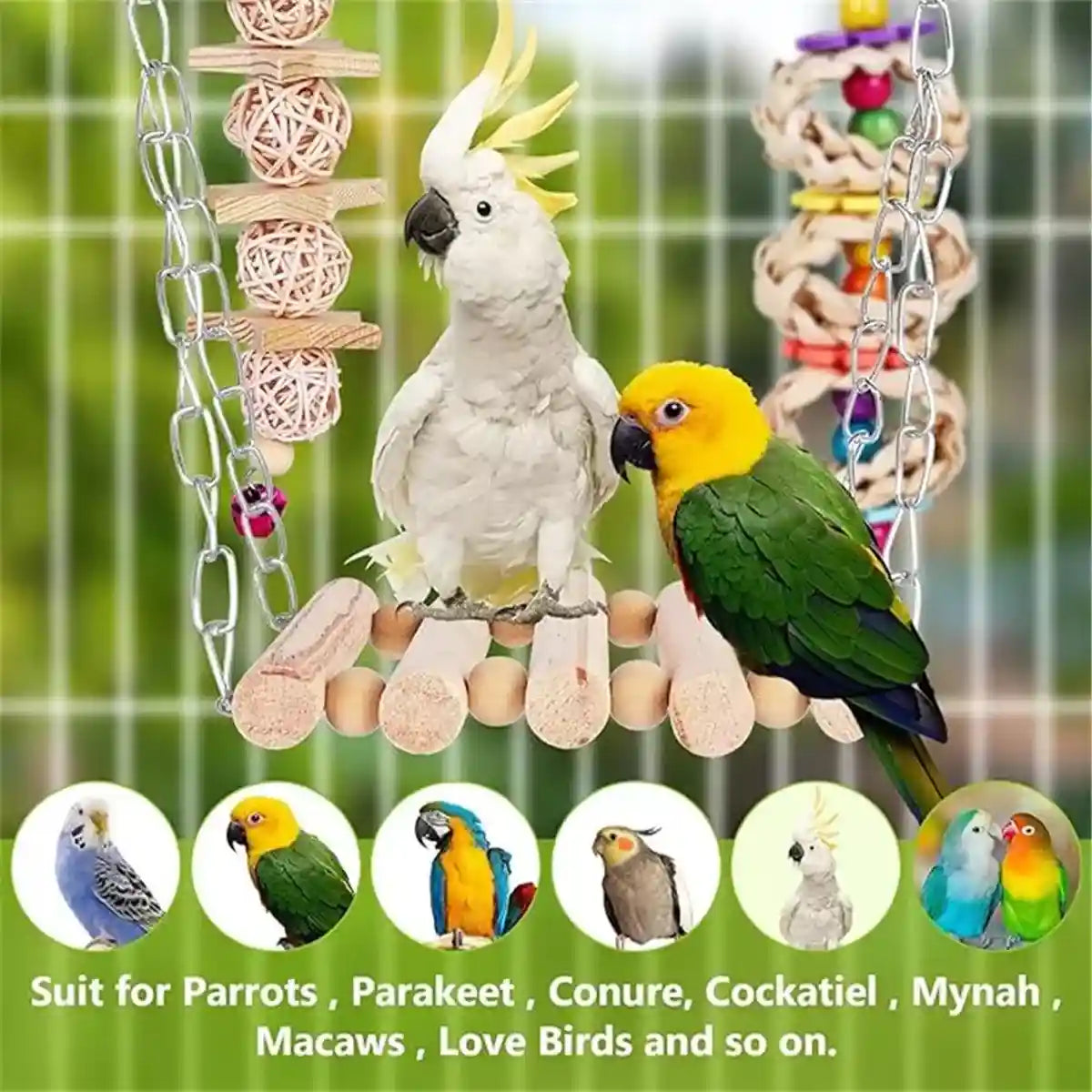 7PCS Bird Toys Set With Wooden Swing And Hanging Chew Toys