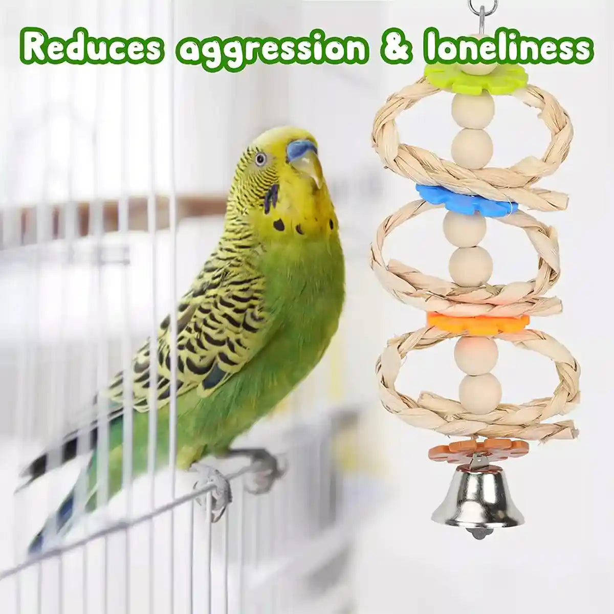 7PCS Bird Toys Set With Wooden Swing And Hanging Chew Toys