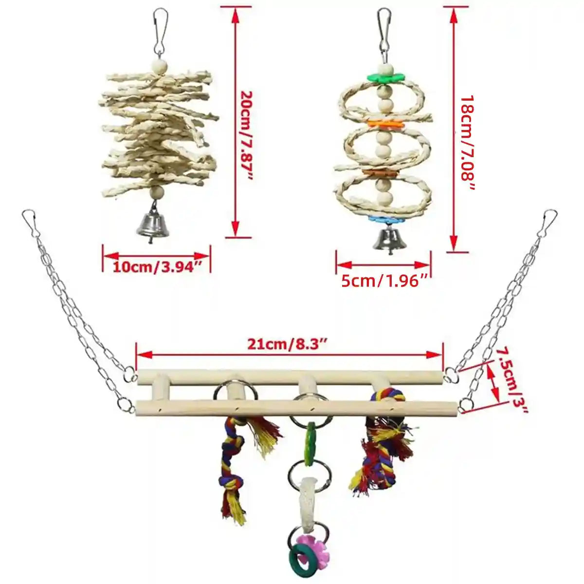 7PCS Bird Toys Set With Wooden Swing And Hanging Chew Toys