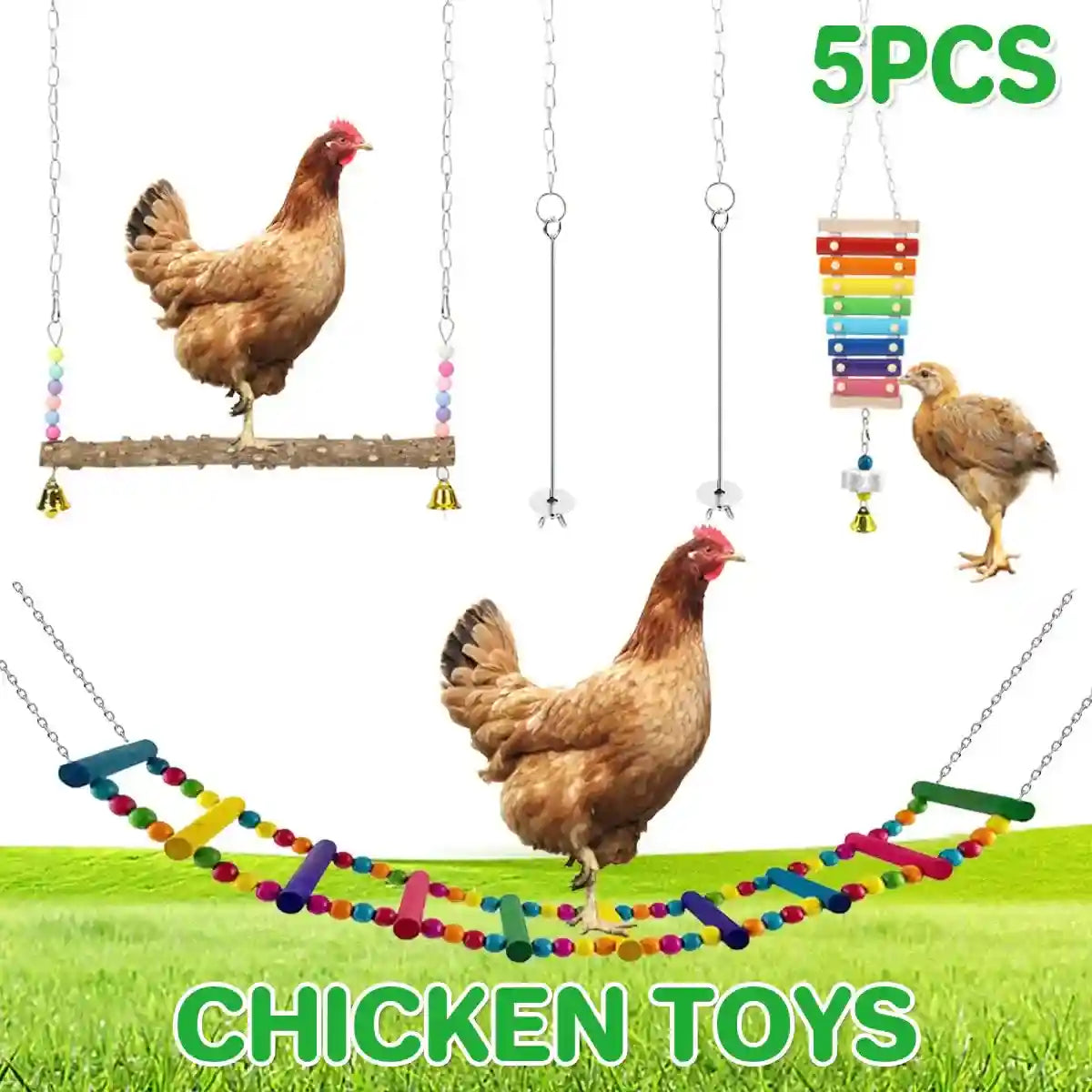 5PCS Chicken Toys Set Swing Ladder Xylophone & Hanging Feeder