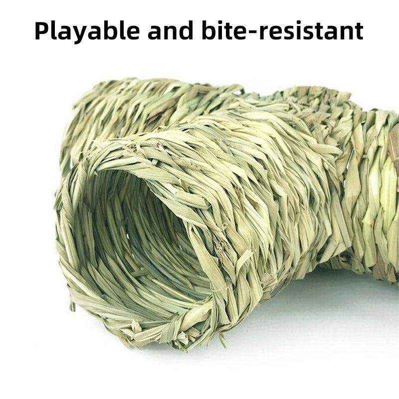 Natural Grass Hideout Tunnel with Chewable Hamster Tubes for Small Pets