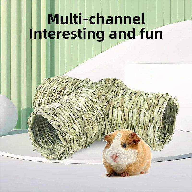 Natural Grass Hideout Tunnel with Chewable Hamster Tubes for Small Pets