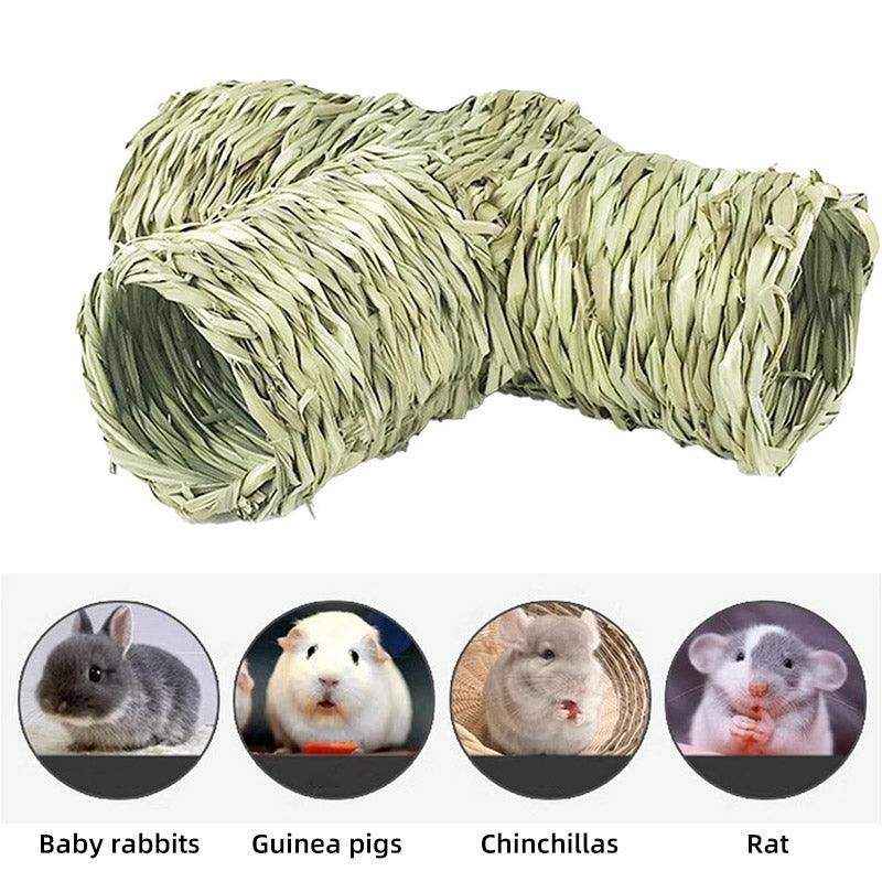 Natural Grass Hideout Tunnel with Chewable Hamster Tubes for Small Pets