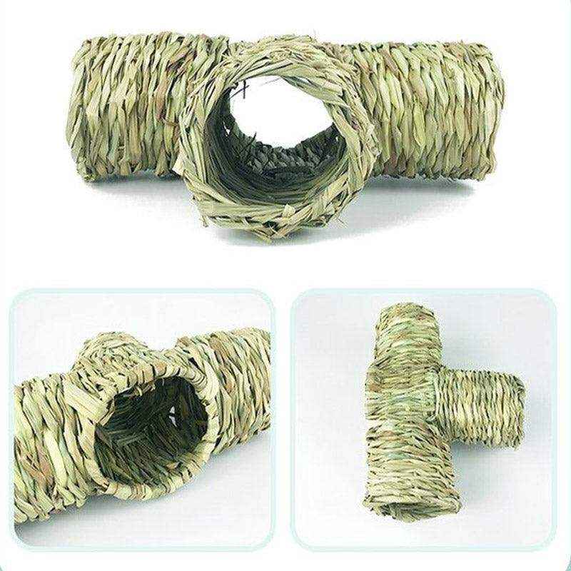 Natural Grass Hideout Tunnel with Chewable Hamster Tubes for Small Pets