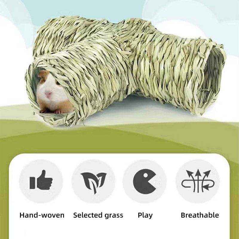 Natural Grass Hideout Tunnel with Chewable Hamster Tubes for Small Pets
