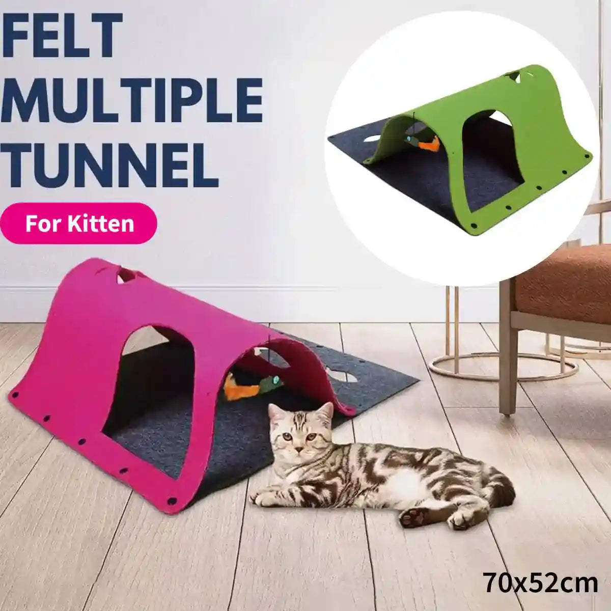 DIY cat play tunnel with felt panels and cut-out shapes