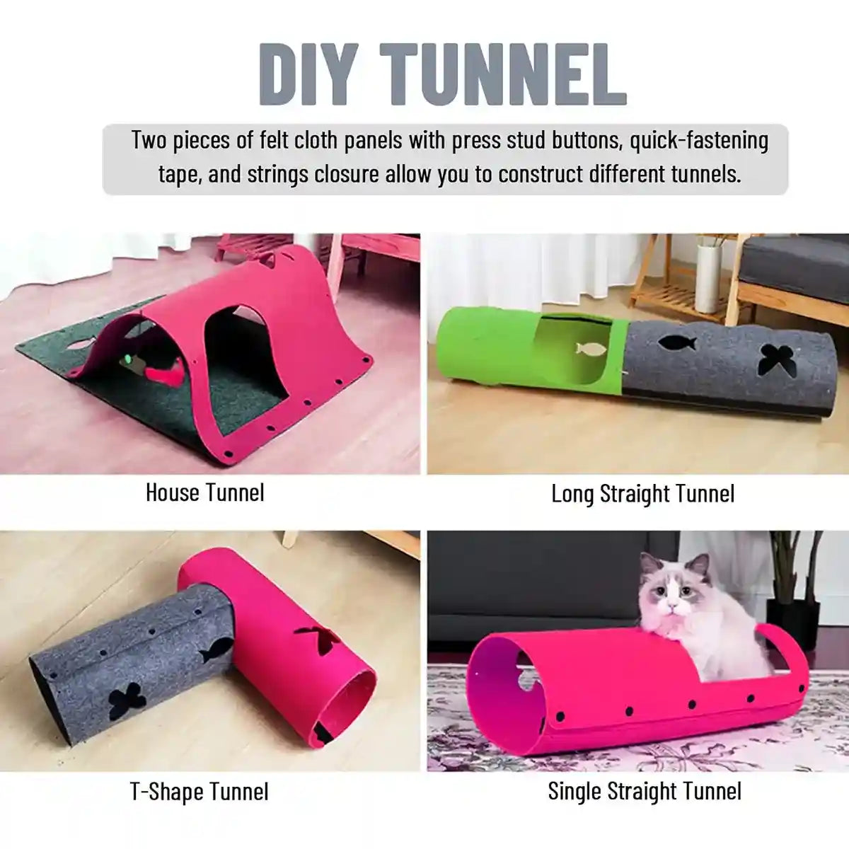 Modular DIY Playhouse Cat Play Tunnel with Felt Panels for Indoor Pets