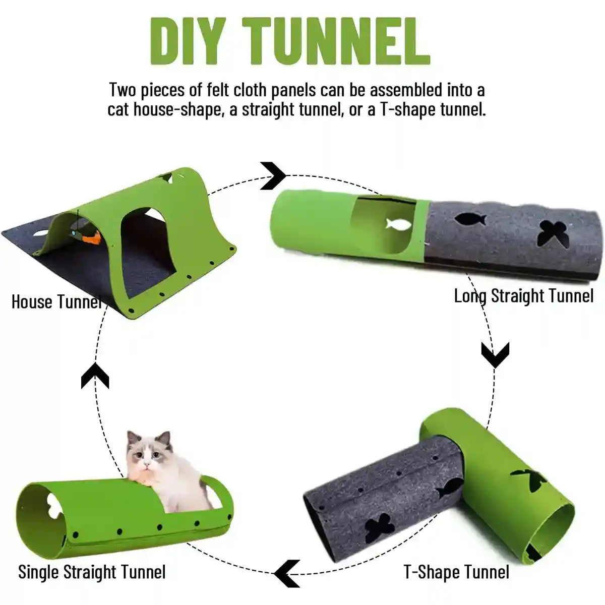 Modular DIY Playhouse Cat Play Tunnel with Felt Panels for Indoor Pets