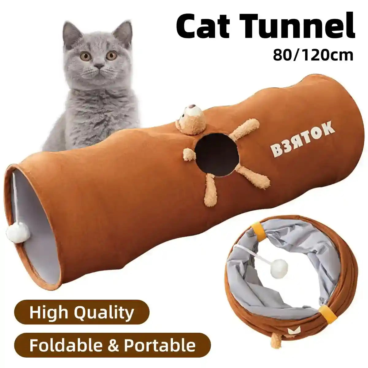 Foldable cat play tunnel with hanging toys and plush bear