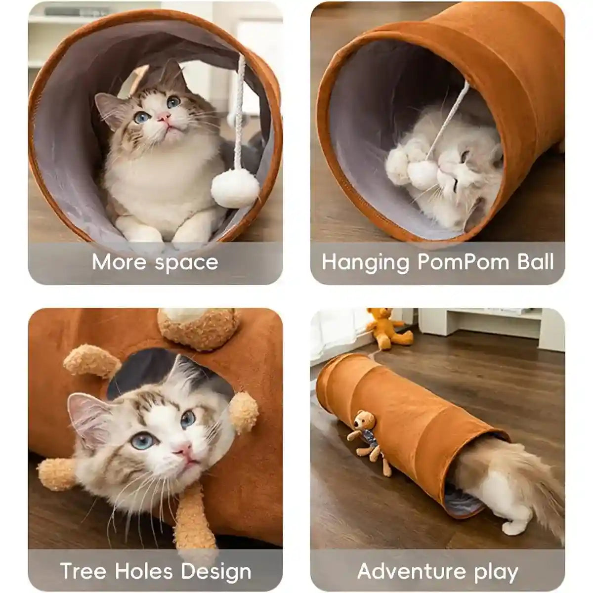 Foldable Cat Tunnel with Bear Toy Indoor Play Tunnel for Cats