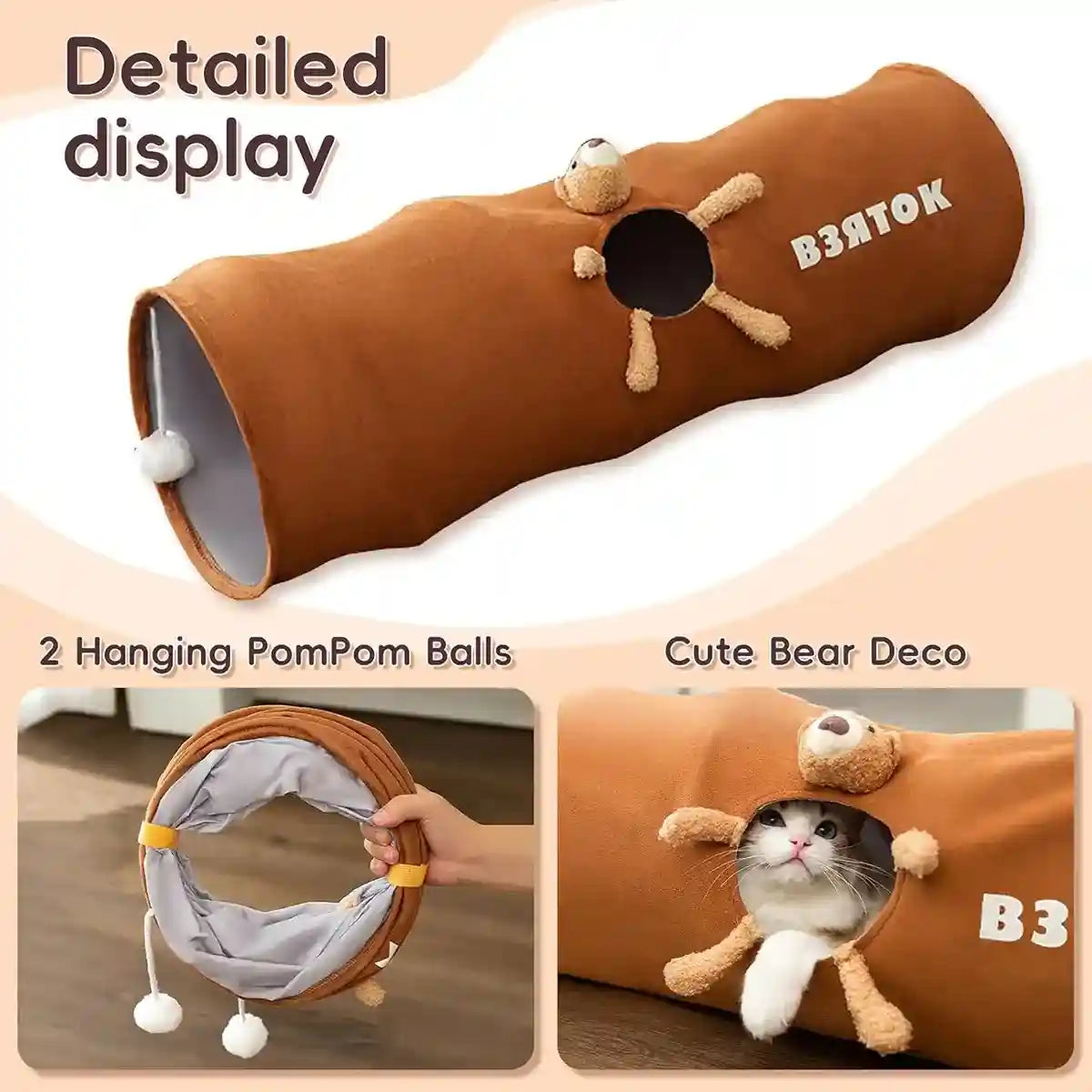 Foldable Cat Tunnel with Bear Toy Indoor Play Tunnel for Cats