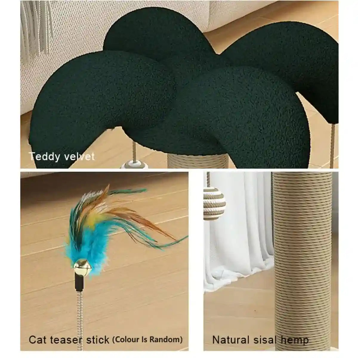 Cat Scratching Post with Teaser Stick & Turntable Sisal & Wood Base