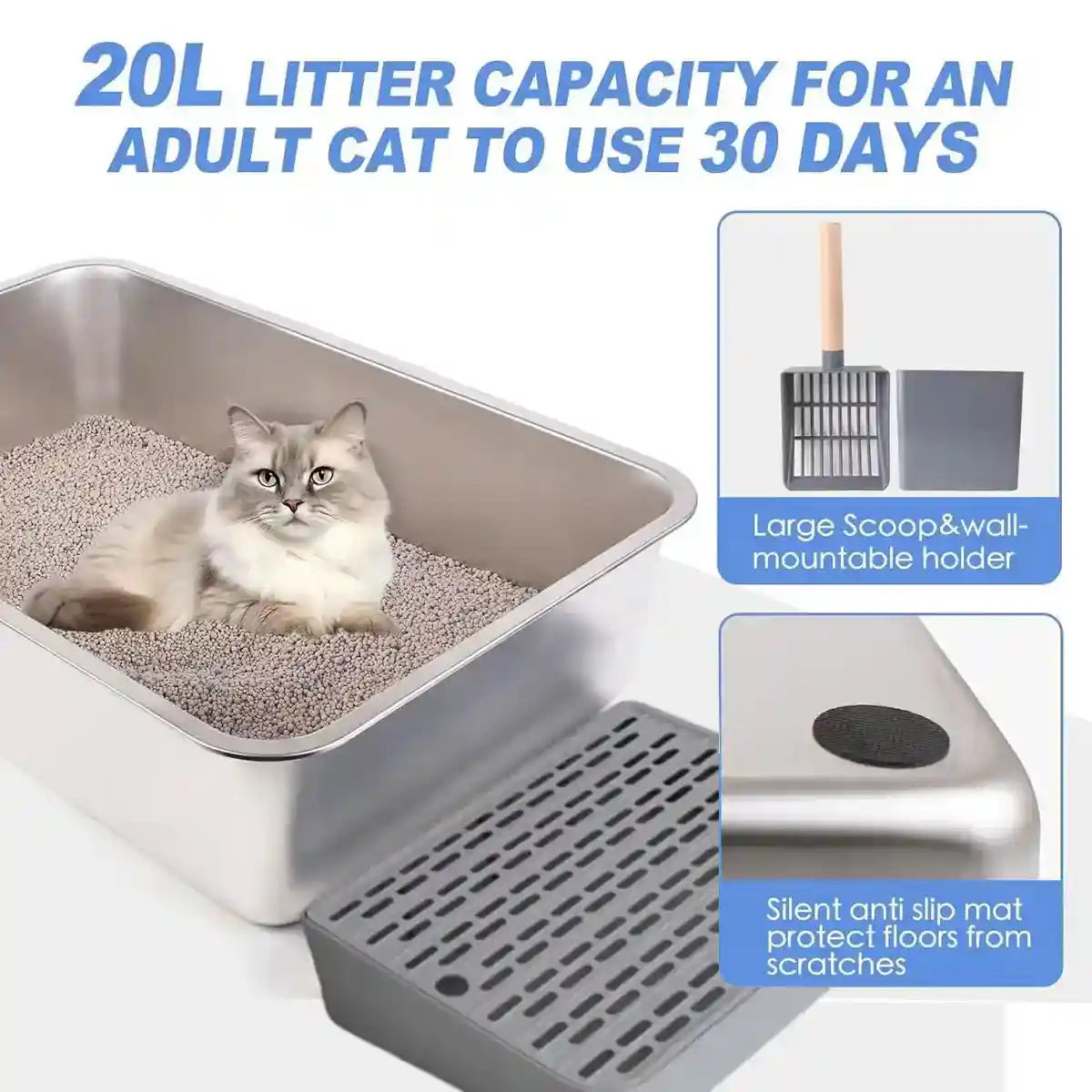 Stainless Steel Cat Litter Box with Covered Canopy & Anti-Tracking Mat