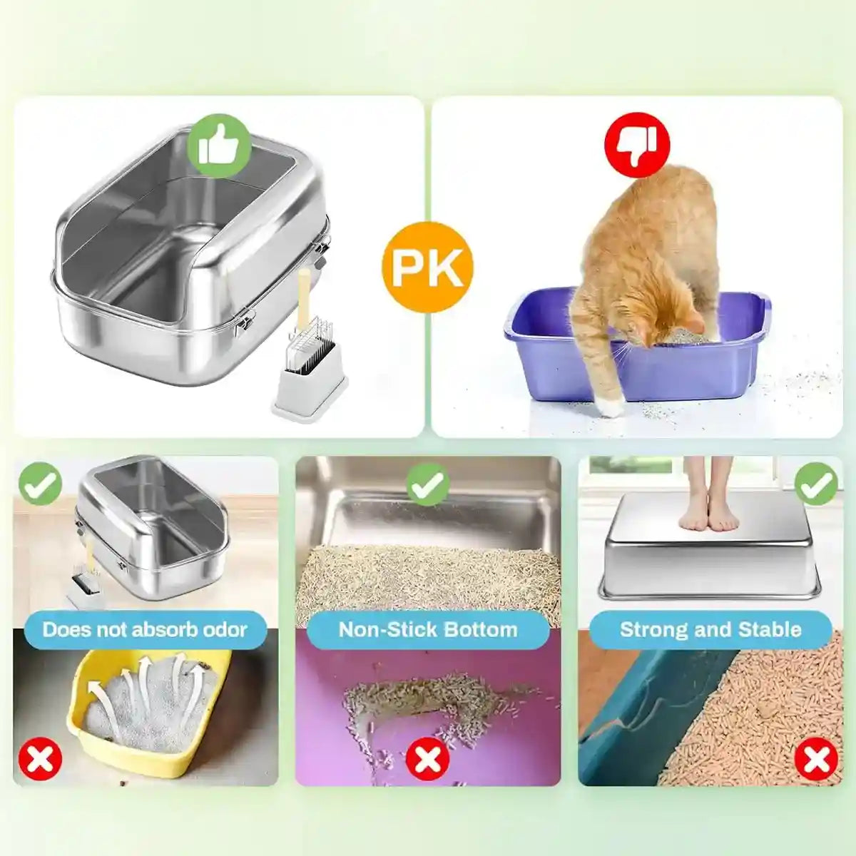 High-Wall Stainless Steel Cat Litter Box With Scoop