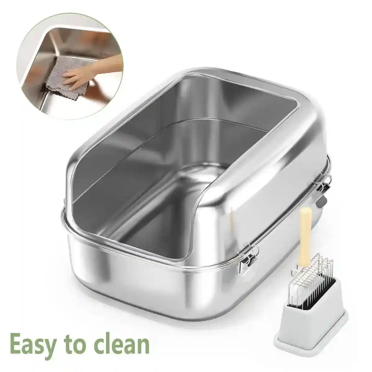 High-Wall Stainless Steel Cat Litter Box With Scoop