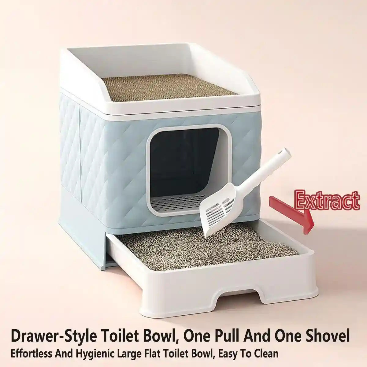 Drawer-Style Cat Litter Box with Scratching Board & Scoop