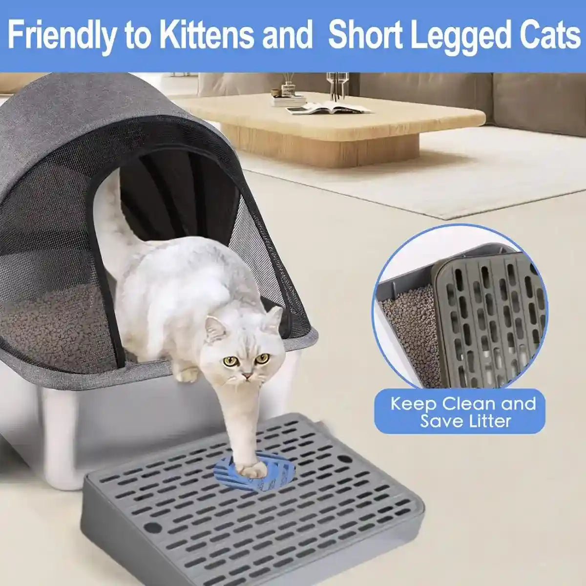 Stainless Steel Cat Litter Box with Covered Canopy & Anti-Tracking Mat