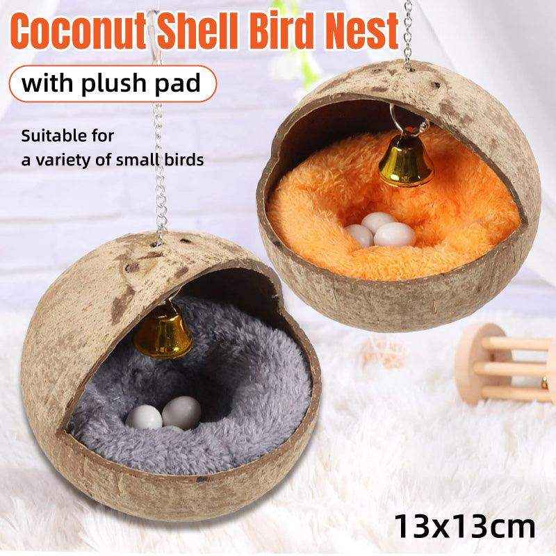 Natural coconut hummingbird house with plush pad