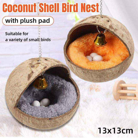 Natural coconut hummingbird house with plush pad