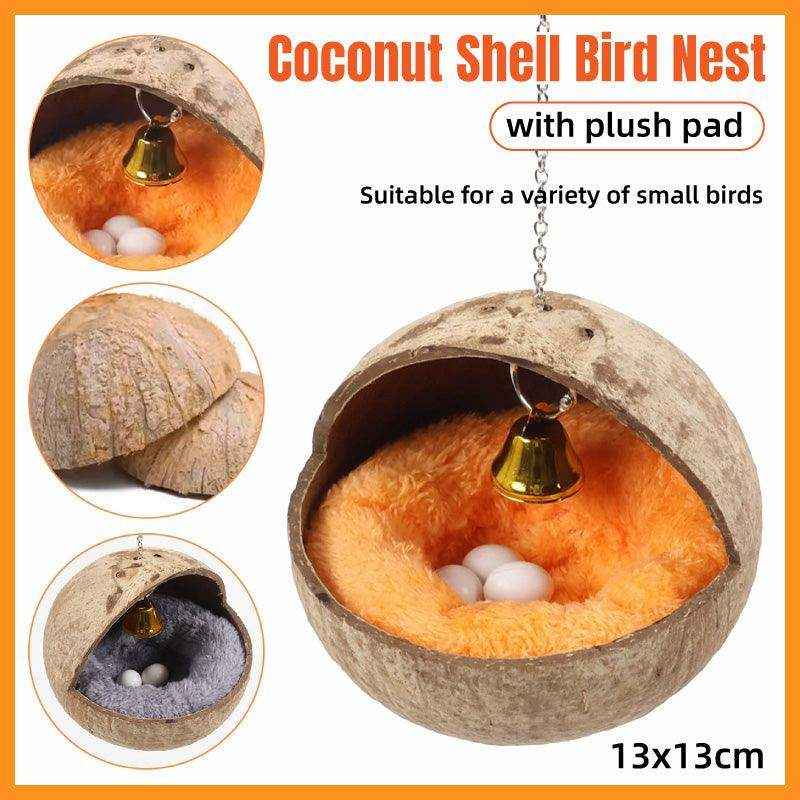 Coconut Shell Bird Nest With Plush Pad For Small Birds