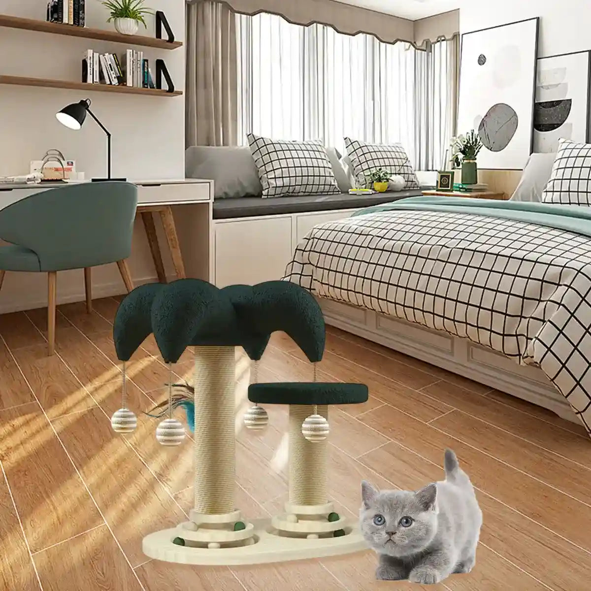 Cat Scratching Post with Teaser Stick & Turntable Sisal & Wood Base