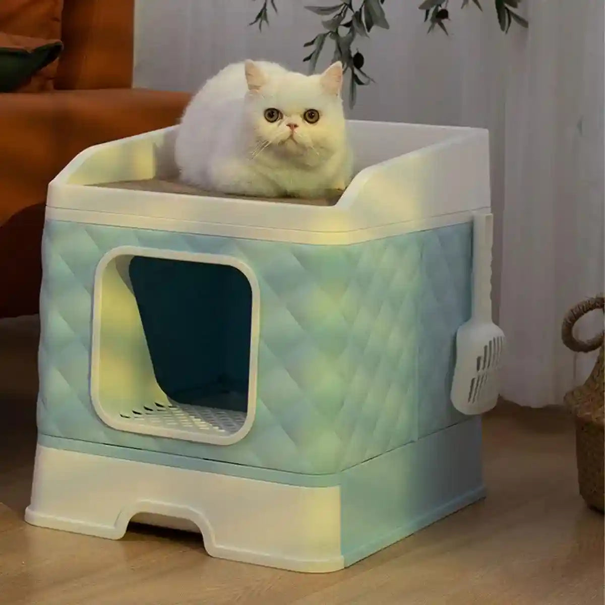 Drawer-Style Cat Litter Box with Scratching Board & Scoop