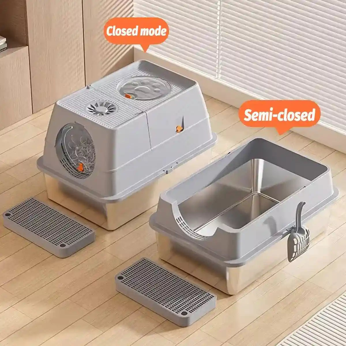 Large Fully Enclosed Stainless Steel Cat Litter Box 60×40×39cm