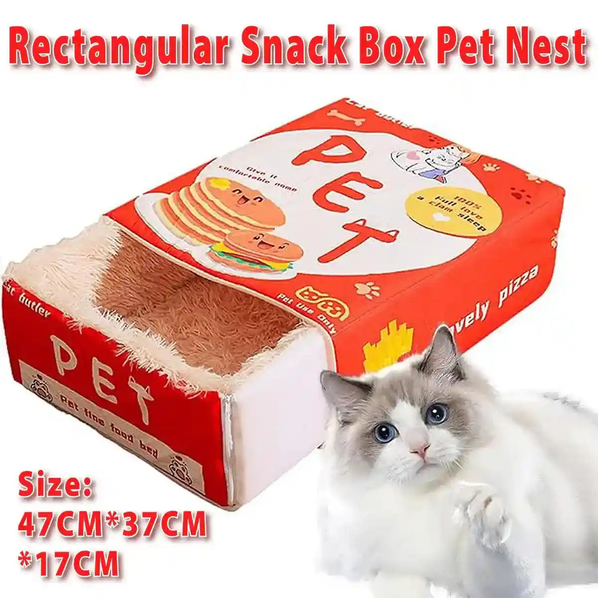 Soft plush cat bed with a snack-themed rectangular design for cozy and warm pet sleep.