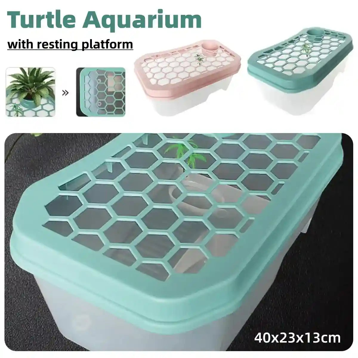 Turtle tank with basking platform and ventilated lid