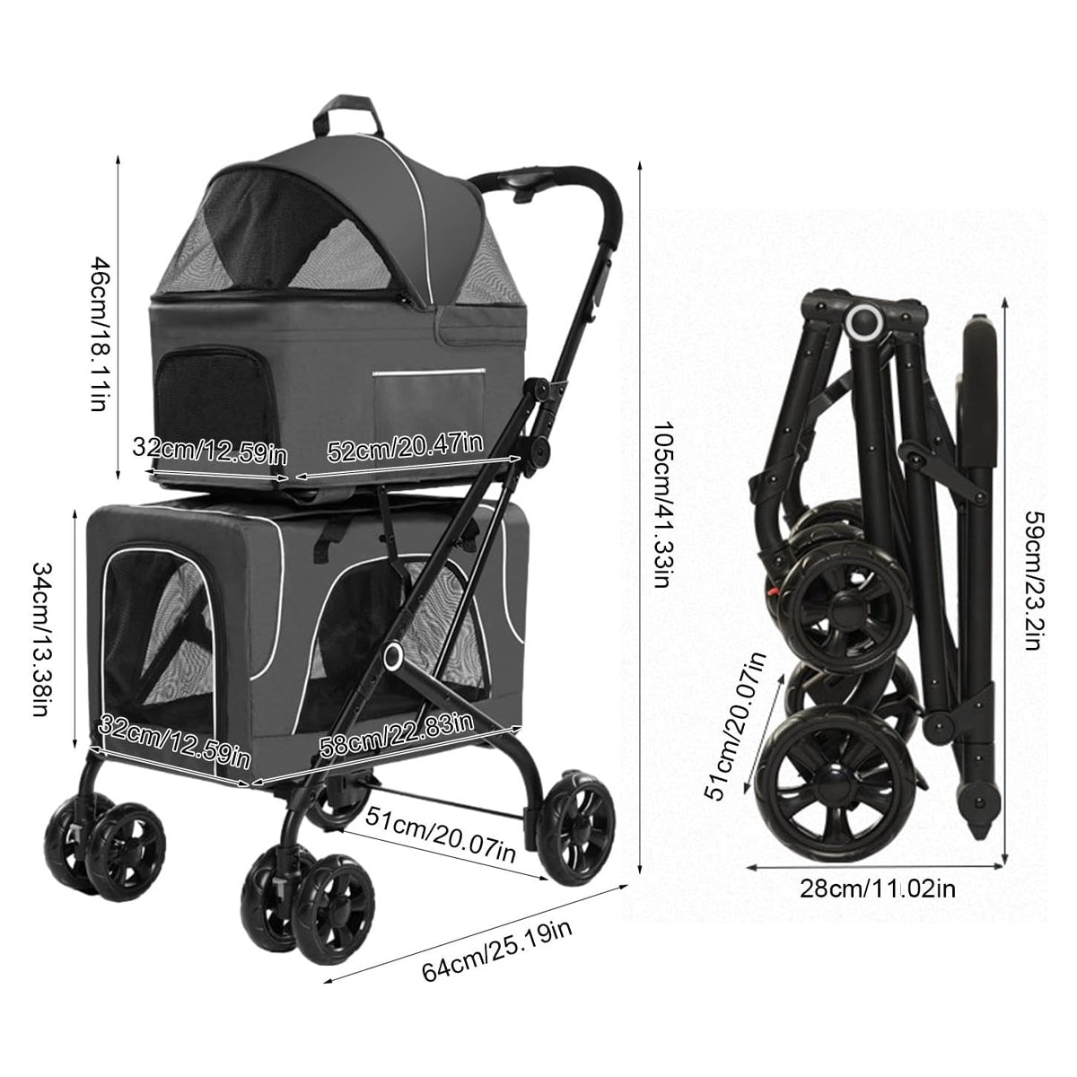 3-In-1 Double Deck Pet Stroller With Carrier
