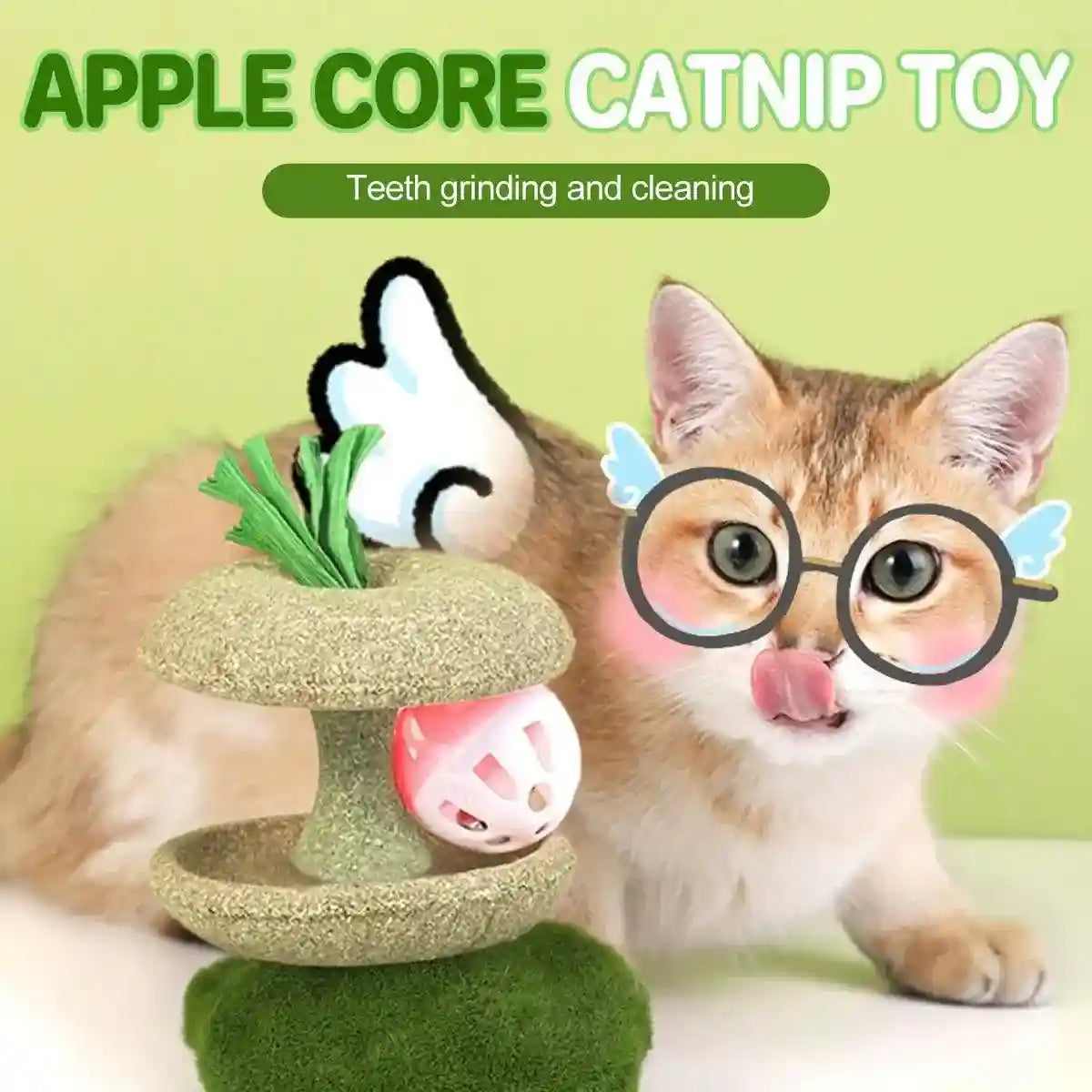 Interactive catnip ball toy shaped like an apple core, ideal for dental health and playtime fun.