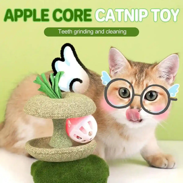 Interactive catnip ball toy shaped like an apple core, ideal for dental health and playtime fun.