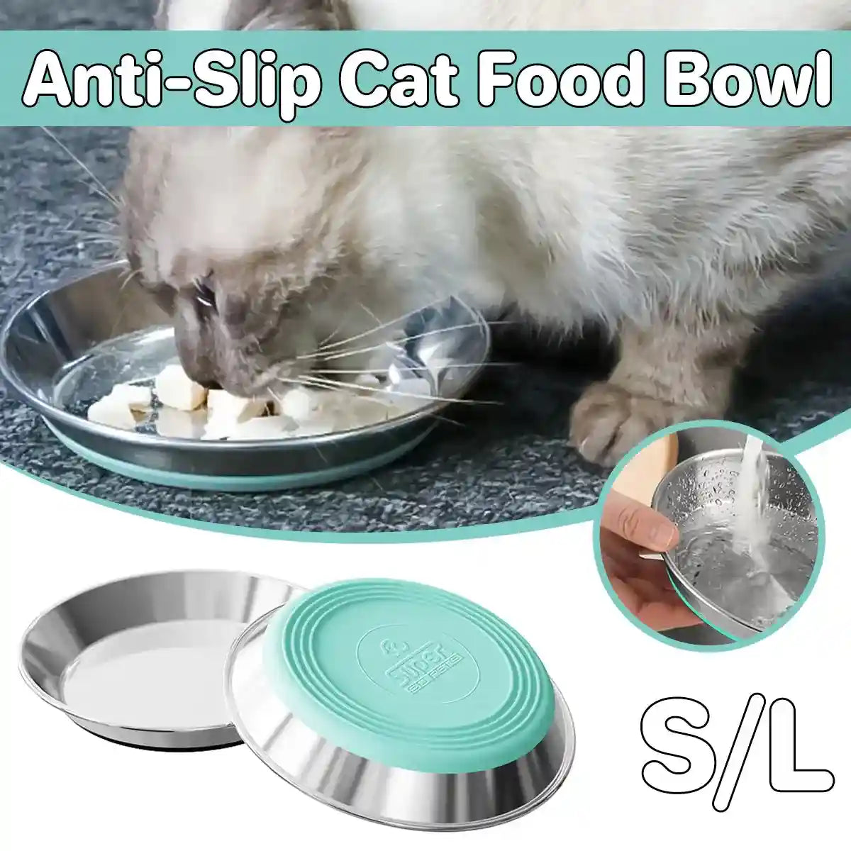 Shallow stainless steel cat bowl with anti-slip silicone base