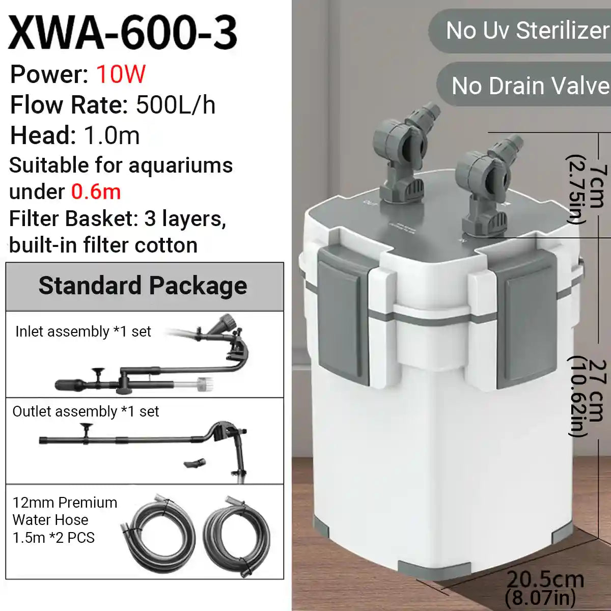 External Aquarium Filter 3-Layer Canister Filter with Adjustable Flow